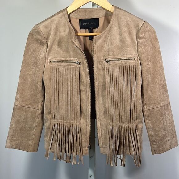 BCBGMAXAZRIA Women’s Reiss Stretch Woven Microsuede Fringe Jacket Tan Size XS - Picture 9 of 16